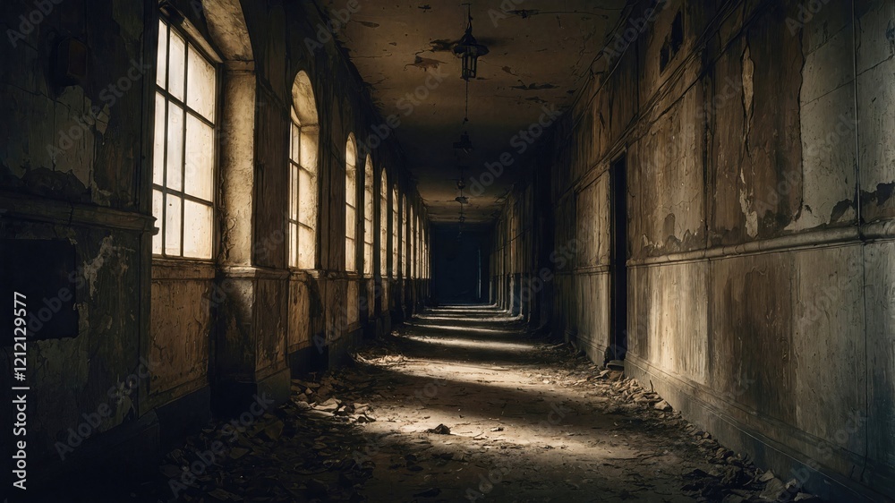 Obraz premium Eerie abandoned corridor with peeling walls and debris-strewn floor illuminated by dim fluorescent lights. Dark and decrepit hallway creates haunting atmosphere perfect for horror themes