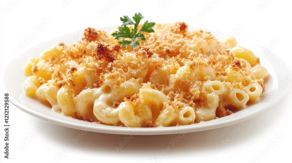 A plate of gourmet macaroni and cheese with a golden-brown breadcrumb crust, Each creamy pasta shell coated in rich cheese sauce and baked to perfection A plate of gourmet macaroni and cheese with a golden-brown breadcrumb crust, Each creamy pasta shell coated in rich cheese sauce and baked to perfection