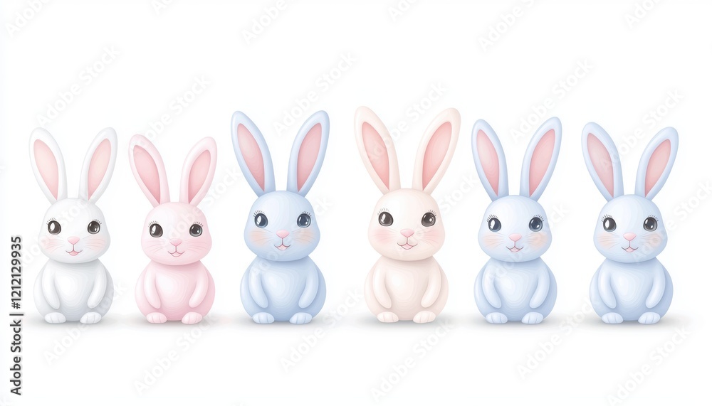 Row of happy pastel bunnies with adorable faces, perfect for Easter party invitations or fun decorative elements Row of happy pastel bunnies with adorable faces, perfect for Easter party invitations or fun decorative elements