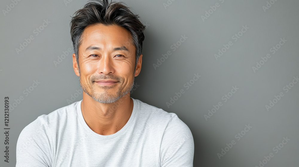 Fototapeta premium thoughtful Asian man smiles warmly against muted gray background