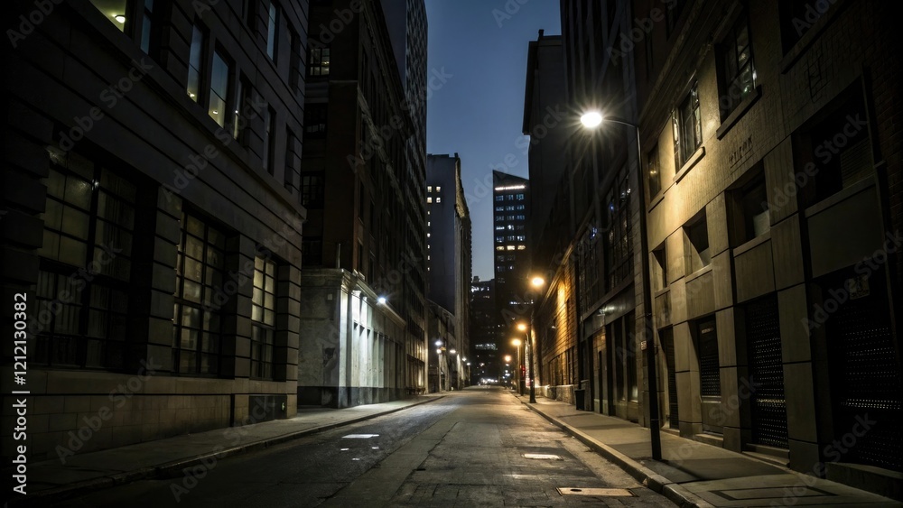Dark alleys lined with tall buildings and streetlights, , alleys Dark alleys lined with tall buildings and streetlights, , alleys