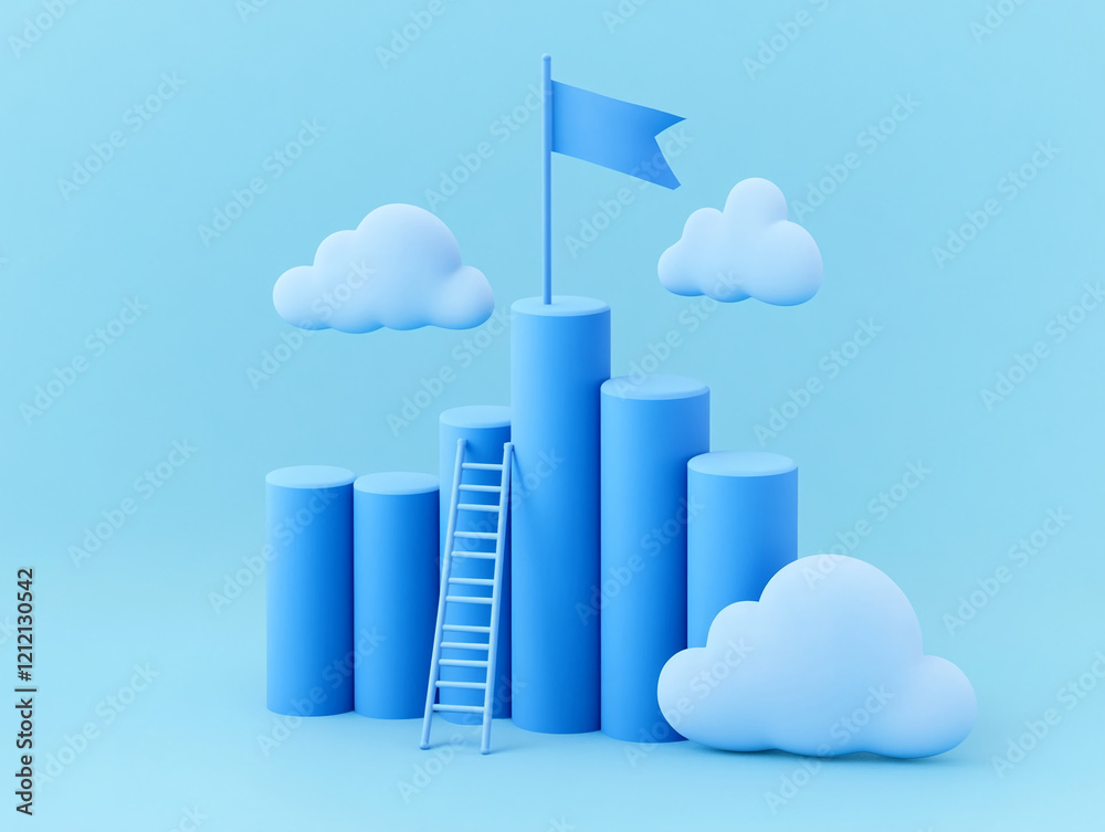 Blue Cylinders with Ladder, Clouds, and Flag Representing Success and Achievement Blue Cylinders with Ladder, Clouds, and Flag Representing Success and Achievement