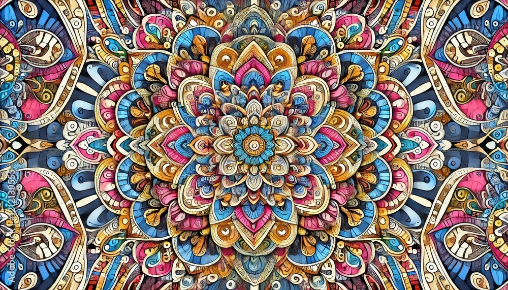 A vibrant symmetrical mandala with colorful intricate patterns in horizontal orientation. A vibrant symmetrical mandala with colorful intricate patterns in horizontal orientation.