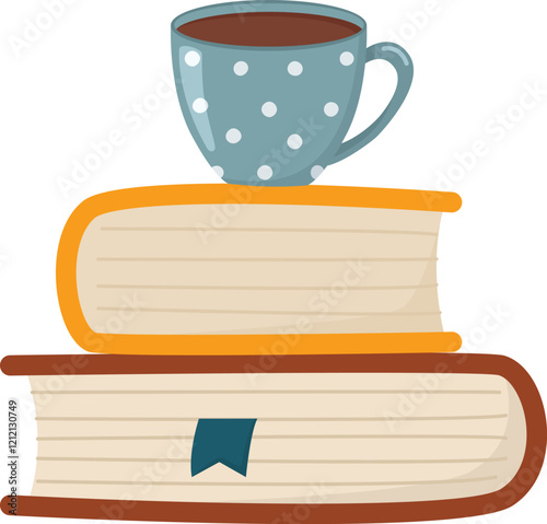 Stack of books and a cup standing on top. Cute literary concept with paper publications and a drink