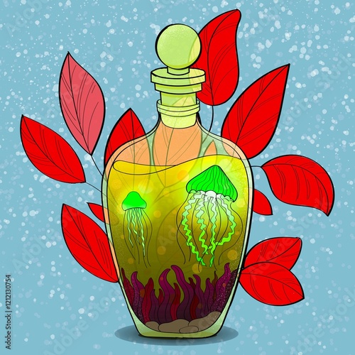 Vector illustration of a glass aquarium bottle with jellyfish floating in it
