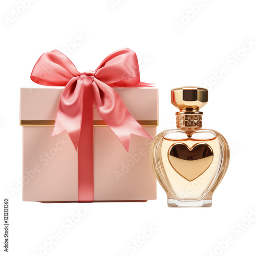 A pink, heart-shaped perfume bottle with a golden spray nozzle.