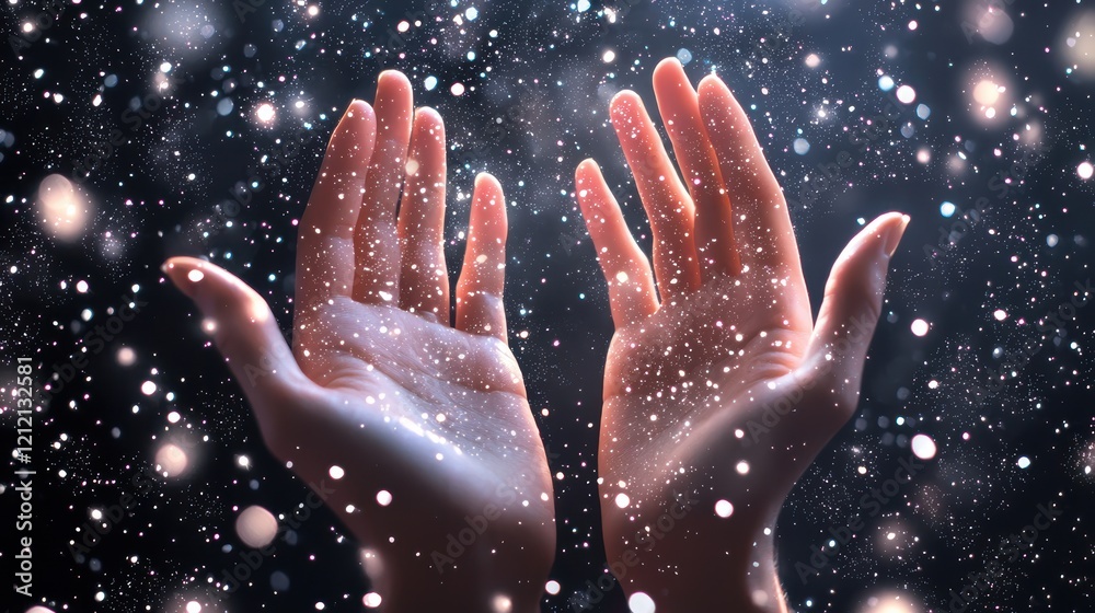 Artistic image of hands reaching upward, surrounded by faint shimmering light specks, creating a serene and mystical atmosphere Artistic image of hands reaching upward, surrounded by faint shimmering light specks, creating a serene and mystical atmosphere