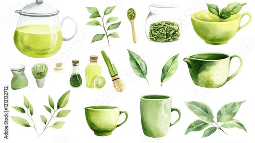 Watercolor illustration of matcha tea ceremony elements.