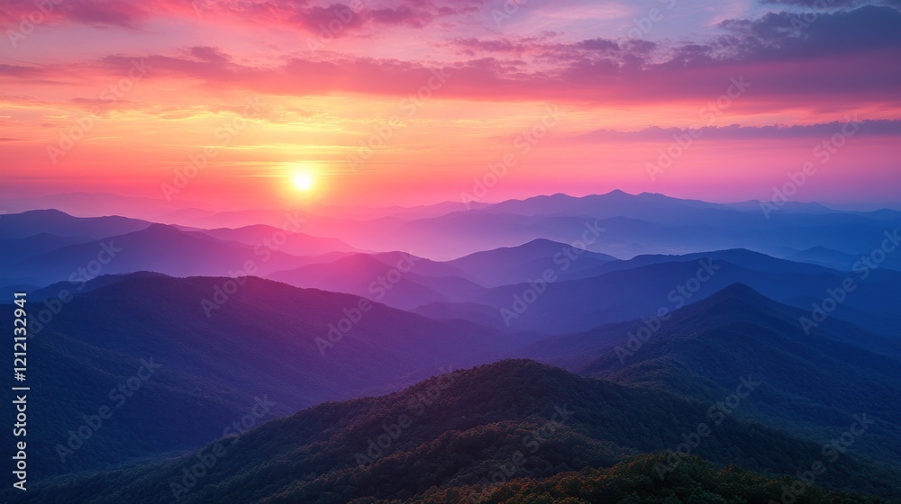 Obraz premium Breathtaking sunrise over layered mountain ranges with vibrant colors and misty valleys in the background