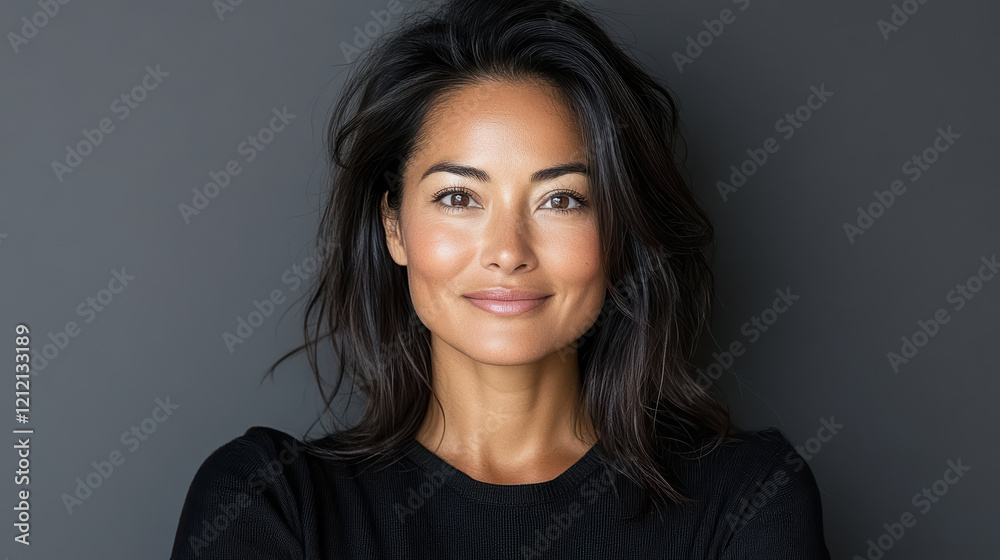 Confident Asian woman smiling with relaxed pose against dark background Confident Asian woman smiling with relaxed pose against dark background