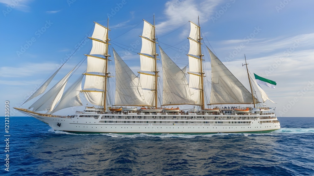 Obraz premium Luxury sailing ship cruising tropical ocean, sunny sky