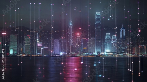 network digital hologram and internet of things on city background.5G network wireless systems.  Generative AI