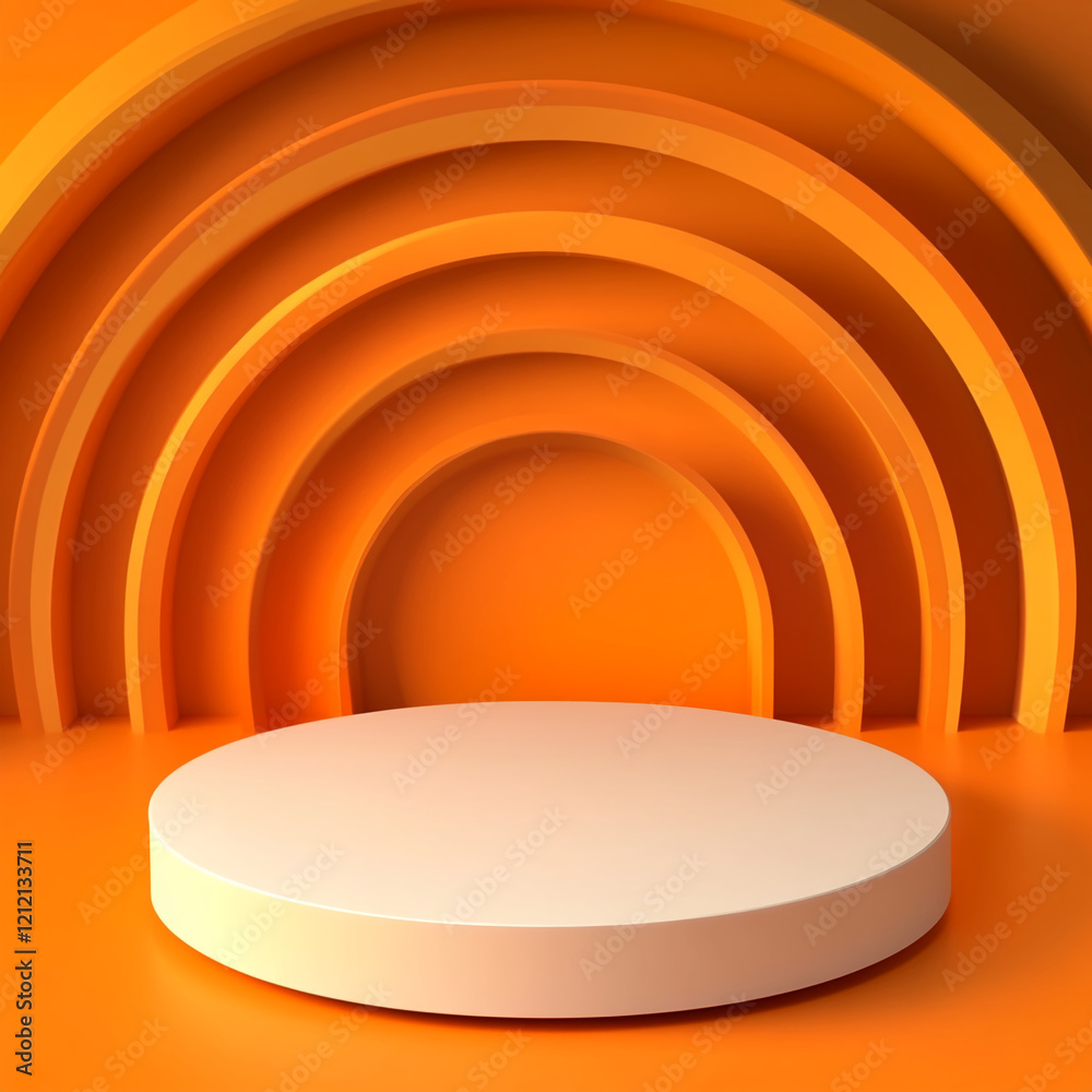 Obraz premium Modern Orange Podium with Abstract Curved Arch Design for Display and Mockup