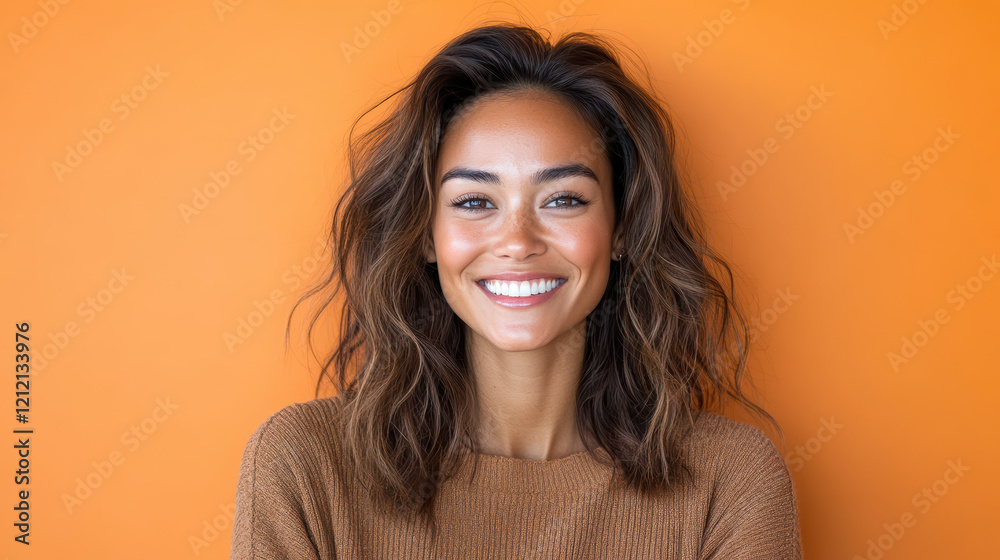 Obraz premium Joyful woman smiling against orange background, showcasing her vibrant personality