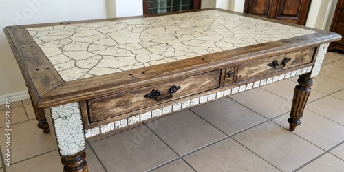 Distressed wooden table with crackled finish and ornate metal hardware, vintage, distressed, ornate details, worn wood, vintage charm