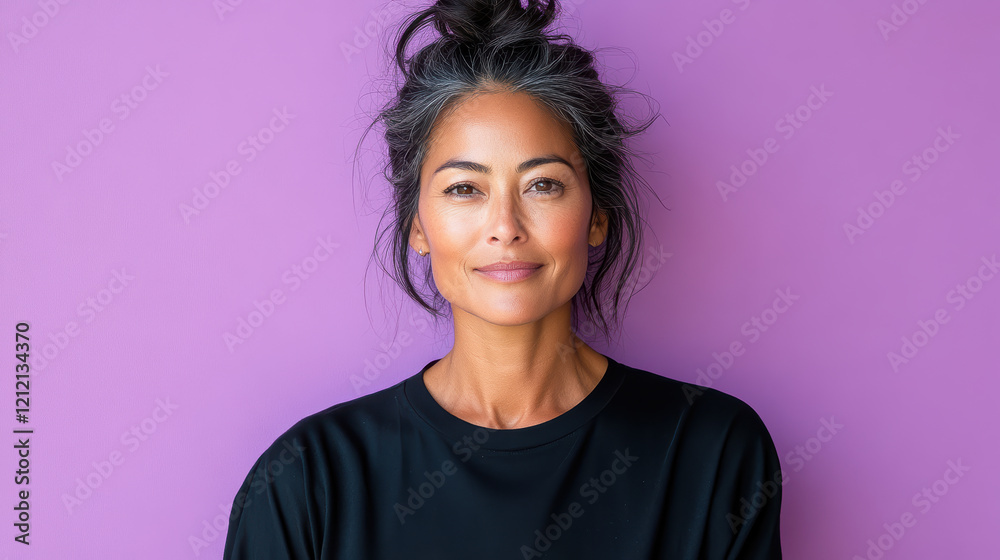 Fototapeta premium confident Asian woman with playful expression against purple background