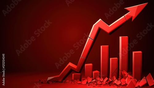 Dynamic red background with declining bar graphs and a sharp arrow, symbolizing stock market crashes and economic struggles