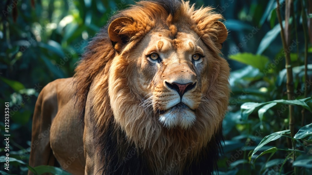 Fototapeta premium A majestic lion is laying in the dense jungle gazing at the camera