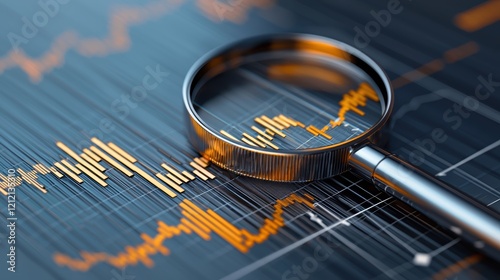 Minimalist representation of market analysis with a magnifier zooming in on glowing charts, placed on a subtle currency grid backdrop