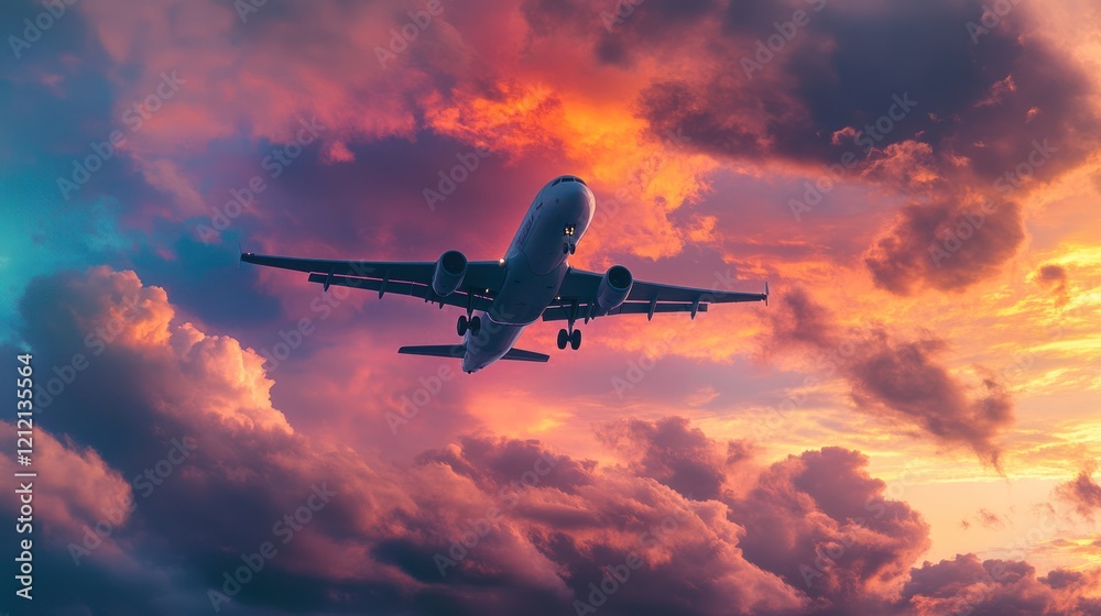 Airplane Landing at Sunset: A Dramatic Flight Through Fiery Skies Airplane Landing at Sunset: A Dramatic Flight Through Fiery Skies