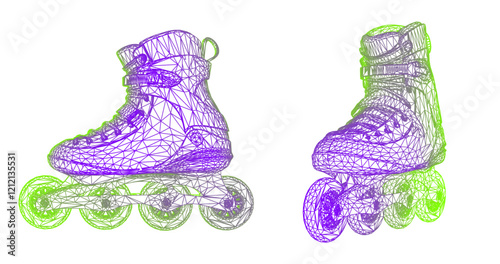 Futuristic low poly image of roller skates, consisting of glowing lines, triangles, isolated on a dark blue background. Modern frame design. Vector illustration