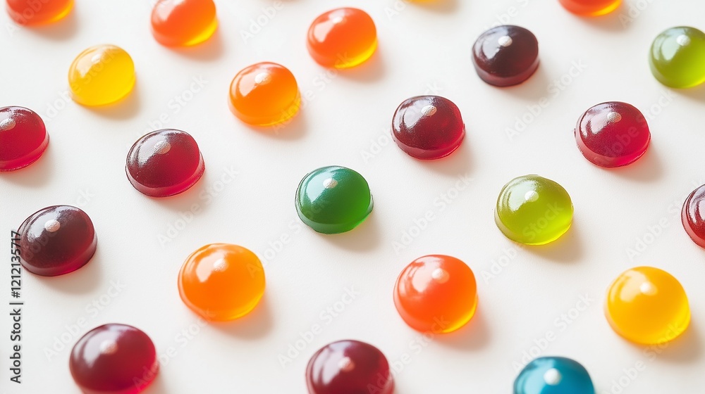 Pattern of rows colorful gummy candies on clean white surface, flat lay Pattern of rows colorful gummy candies on clean white surface, flat lay