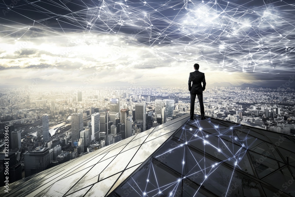 In a futuristic network, a businessman stands on a platform, embodying the convergence of business and advanced technology In a futuristic network, a businessman stands on a platform, embodying the convergence of business and advanced technology