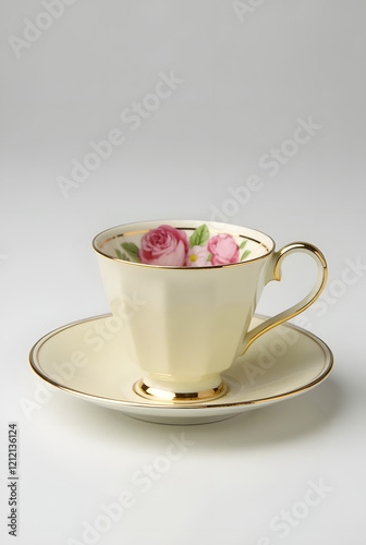 Fresh green tea in a red cup on a saucer with a spoon, placed on a table, perfect for a morning breakfast