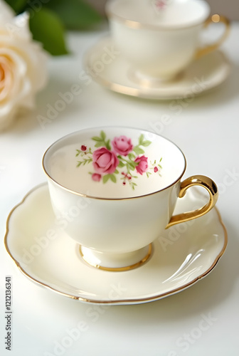 A cup of tea with a saucer, plate of cake, and flowers, set on a table with porcelain teacup, spoon, and a teapot, perfect for a morning breakfast with sweet treats and a cozy atmosphere