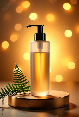 Podium ,showcase, display perfume bottle with gold liquid, glass container, and spray nozzle, showcasing beauty and luxury for business, commercial, advertisement.