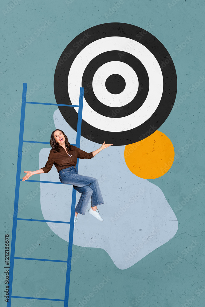 Fototapeta premium 3D photo collage template trend artwork composite of aged woman smile sit ladder career promotion target aspiration ambition aim success