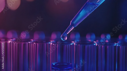 Pipette dropping blue liquid into test tube in lab.