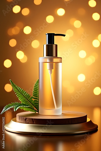 Podium perfume bottle with orange liquid, glass container, and spray nozzle, showcasing beauty and luxury. for business, commercial, advertisement.