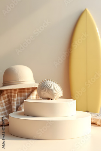 The podium showcases beach themes, surfboards, beach hats, sand and conch shells, Tartan fabric. Yellow Cream Theme for business
