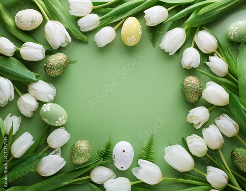 Frame made with white tulip flowers and Easter eggs on white backrgound with central copy space. Springtime concept. Generated image photo