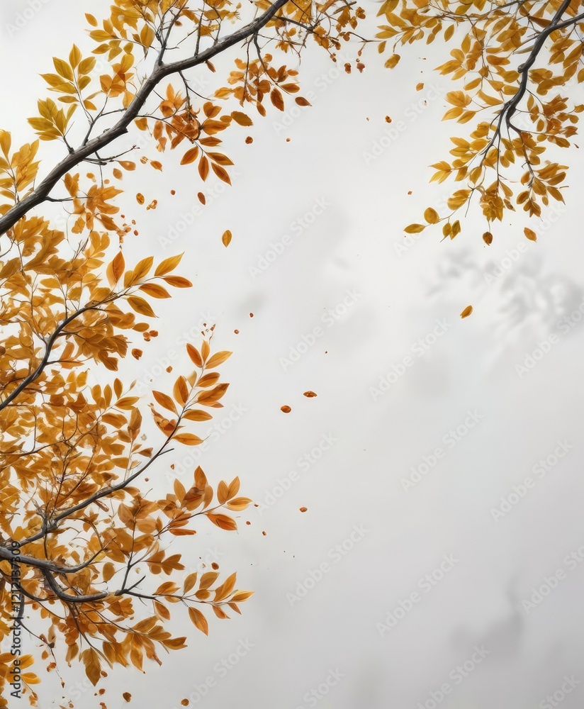 Falling branch with leaves on a white background with natural elements and abstract focus, White Background, Texture Falling branch with leaves on a white background with natural elements and abstract focus, White Background, Texture