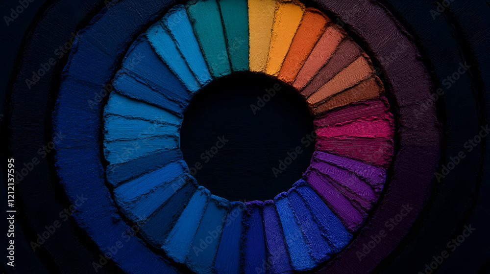 Fototapeta premium Minimal art, Minimalist image of colorful crushed eyeshadow palette forming a circle on a dark background, creating a vibrant and artistic composition