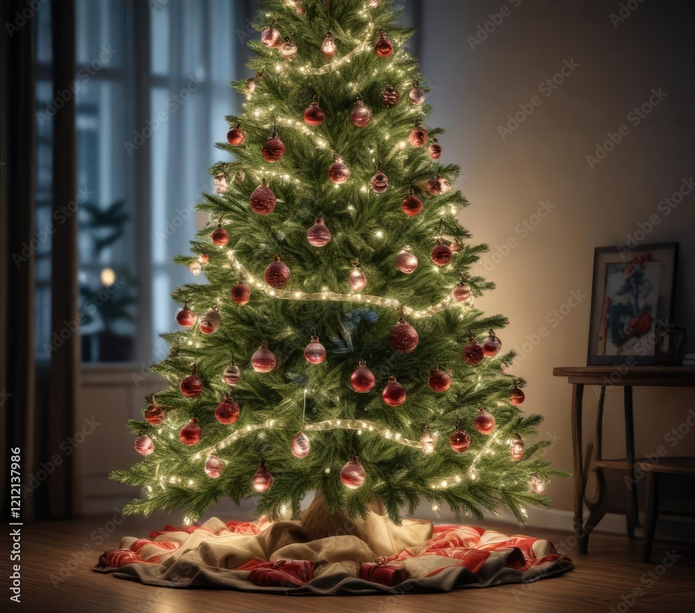 Fir Christmas tree with intricately arranged lights and ornaments, evergreen tree lighting, festive decorations, colorful ornaments Fir Christmas tree with intricately arranged lights and ornaments, evergreen tree lighting, festive decorations, colorful ornaments