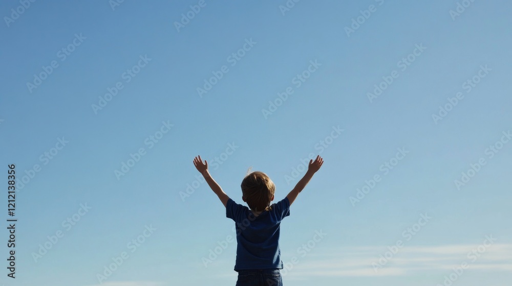 Boy with arms raised, looking at clear blue sky. Boy with arms raised, looking at clear blue sky.