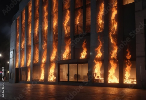 Flames dancing on the facade of a commercial building in low light conditions, facade, dance