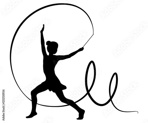 Children silhouettes. Little girl does gymnastic exercises with a ribbon. Vector illustration.	
