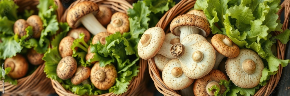 Fresh Organic Mushrooms in Baskets with Fresh Lettuce, organic mushrooms, woodland ambiance Fresh Organic Mushrooms in Baskets with Fresh Lettuce, organic mushrooms, woodland ambiance