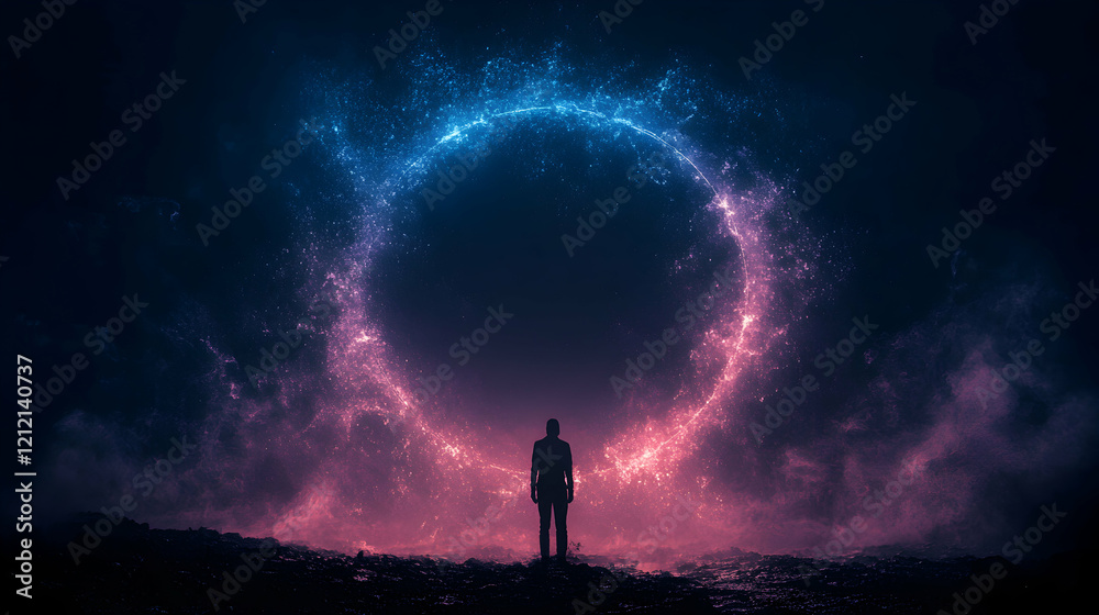 Minimal art, Solitary silhouette contemplating luminous circular form against moody, shadowy cloudscape, embodying enigmatic introspection Minimal art, Solitary silhouette contemplating luminous circular form against moody, shadowy cloudscape, embodying enigmatic introspection