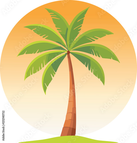 vector illustration of a single tropical palm tree with stylized leaves, textured trunk, and gradient sunset background