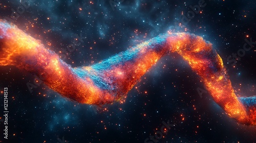 An artistic depiction of a DNA strand unfurling like a ribbon in space, with radiant colors reflecting off its surface. 165 photo