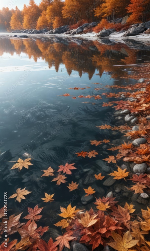 Frozen lake with layers of autumn leaves trapped beneath the ice, natural, frost Frozen lake with layers of autumn leaves trapped beneath the ice, natural, frost