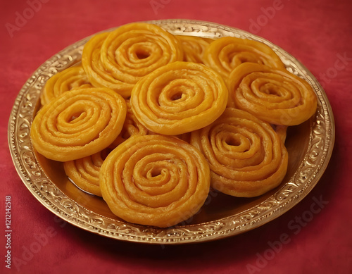 Jalebi in a luxurious plate dipped in sugar syrup, a traditional Indian sweet dish. Delicious oriental sweets. Concept of Indian cuisine, Dessert, Traditional food, delicious desert
