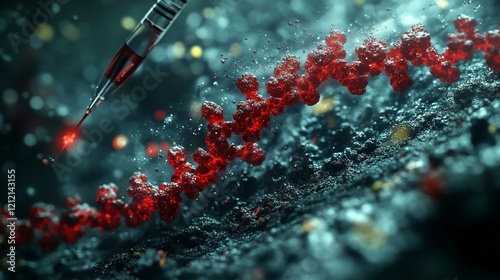 A conceptual image of a genetic sequence being manipulated and analyzed on a digital screen with intricate molecular details. 281 photo