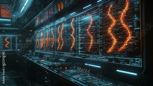 A futuristic genetic lab scene with digital monitors showing genetic sequences, with base pairs transitioning between colors to highlight mutations. 297 photo