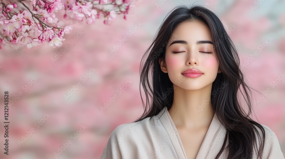 A Serene Woman with Long Black Hair in a Flowing White Robe Captured in a Tranquil Setting Emphasizing Peace and Beauty